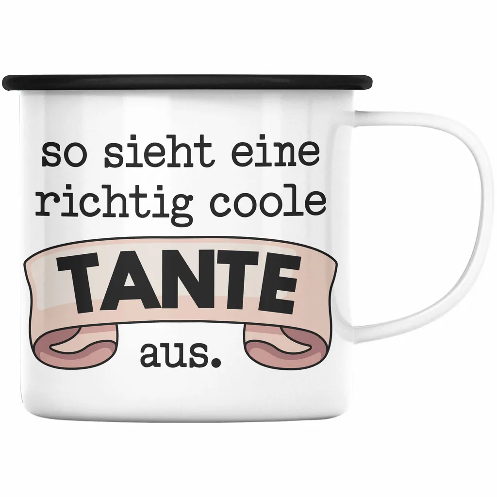 Trendation - Beste Tante Geschenk Emaille Tasse mit Spruch Emaille Emaille Tasse für Coole Tante (Schwarz)